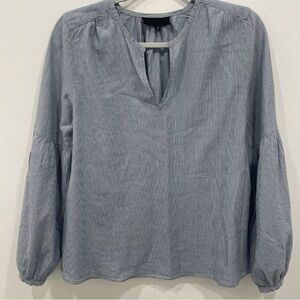 Nili Lotan Top Size Small Blue White Stripped V Neck Button Closure Long Sleeve